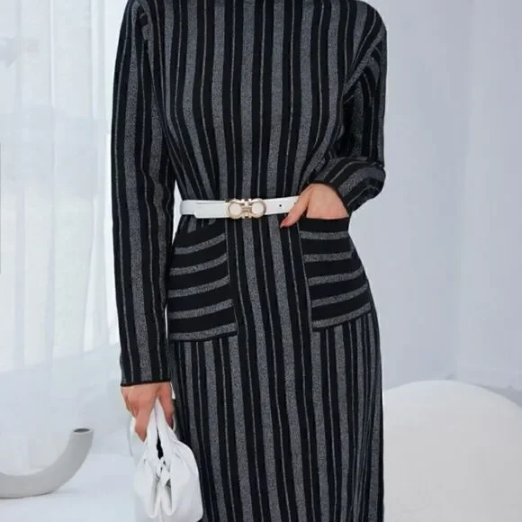 Stripe Pattern Dual Pocket Sweater Dress Without Belt Size M - Picture 5 of 5